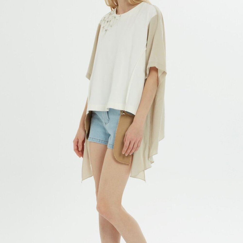 Stone and Bead Embroidered Asymmetric Ecru Blouse